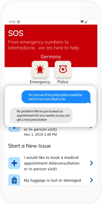 HAAVYN mobile app showing SOS and check-in features