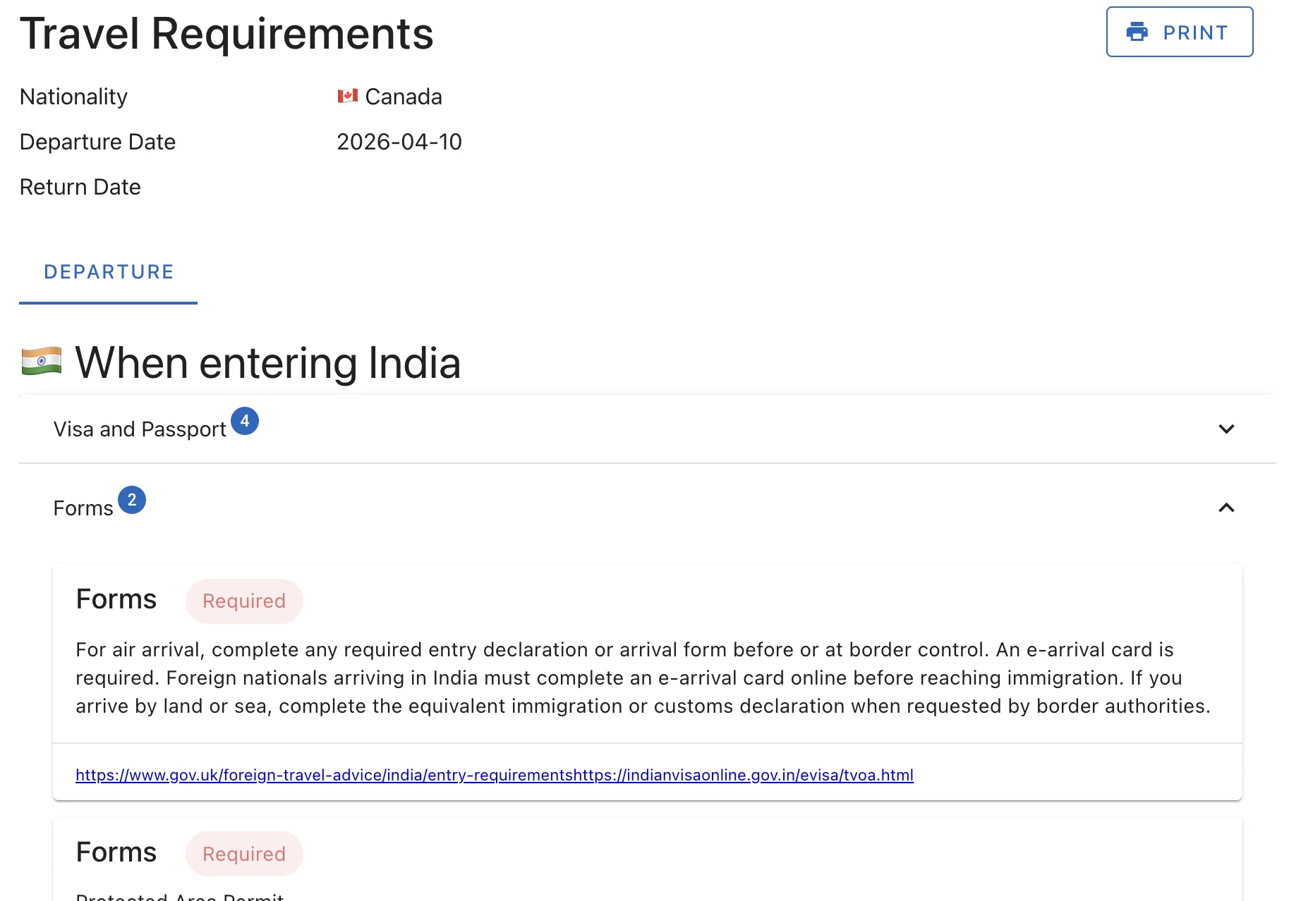 HAAVYN pre-travel intelligence showing entry requirements, visa, and health information